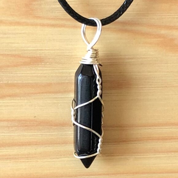 Black Obsidian Natural Gemstone Hexagonal Point Wire Wrapped Pendant Necklace - Picture 1 of 2